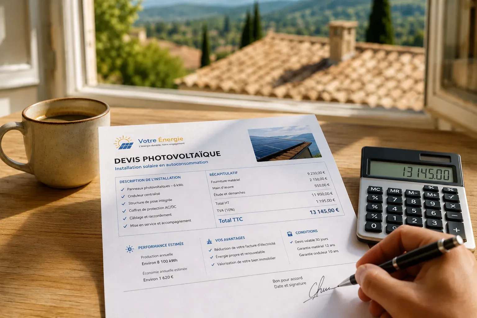 Devis photovoltaïque et calculatrice posés sur un bureau lumineux pour vérifier les aides 2026