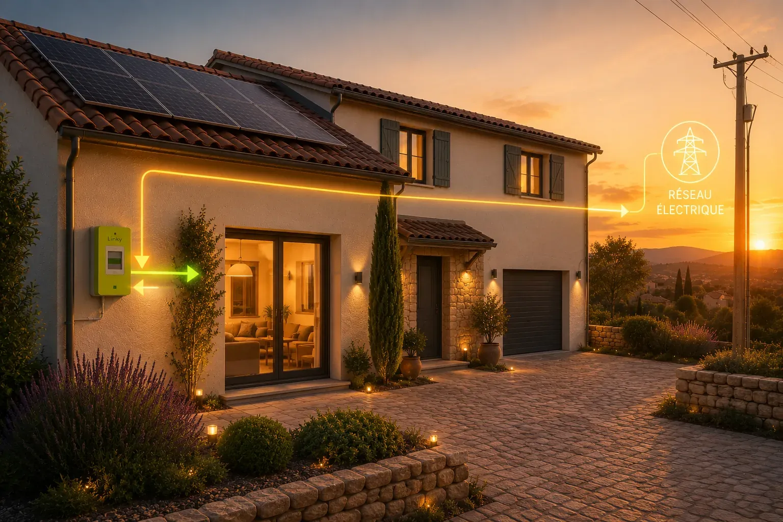 Maison provençale avec panneaux solaires en autoconsommation et vente du surplus au coucher du soleil