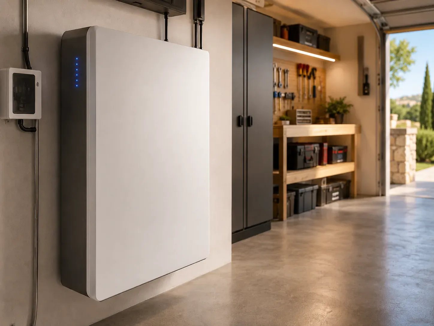 Batterie solaire murale installée dans un garage de maison méditerranéenne
