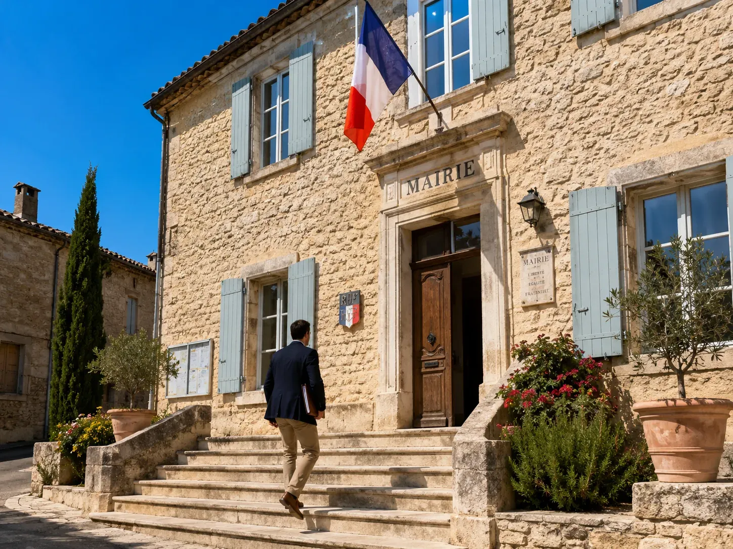 Façade d'une mairie de village provençal pour déposer une déclaration préalable de panneaux solaires