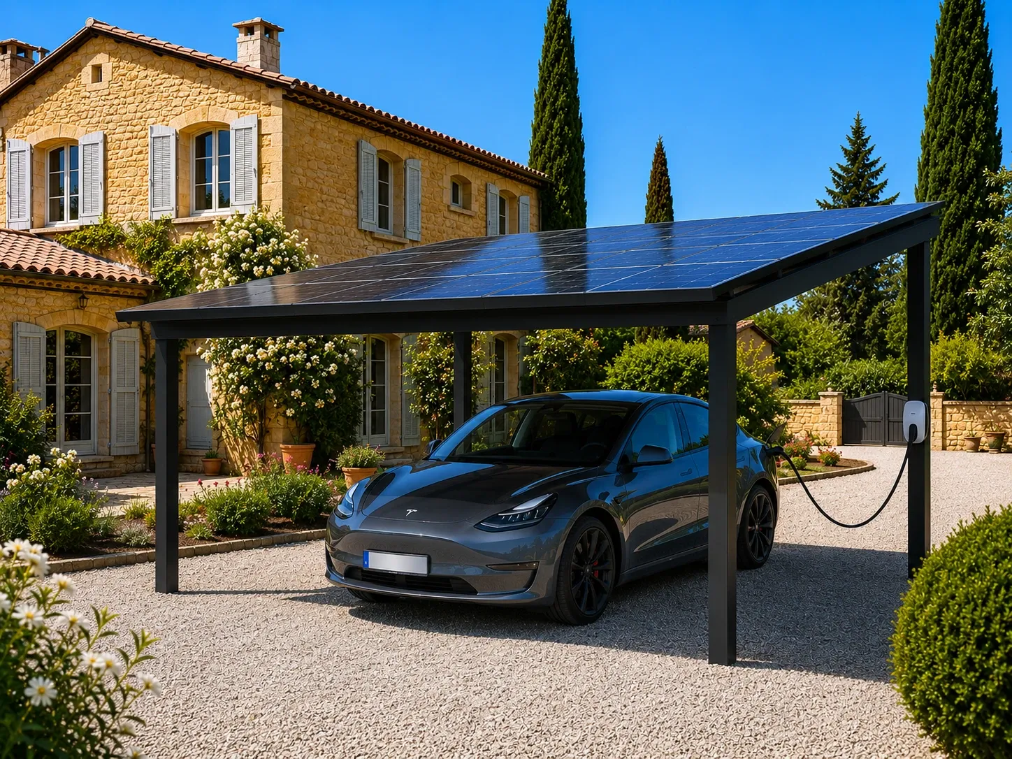 Carport solaire 2 places aluminium marine devant villa à Super-Cannes