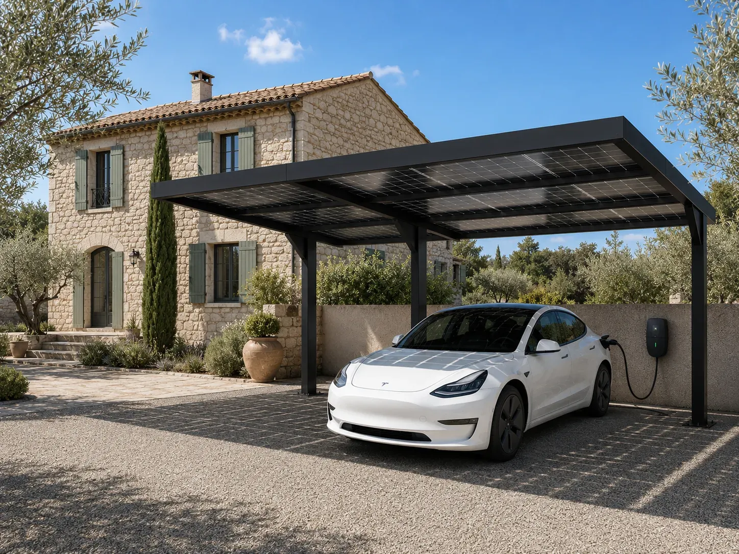 Ombrière solaire sur parking avec voiture électrique en recharge devant une maison provençale