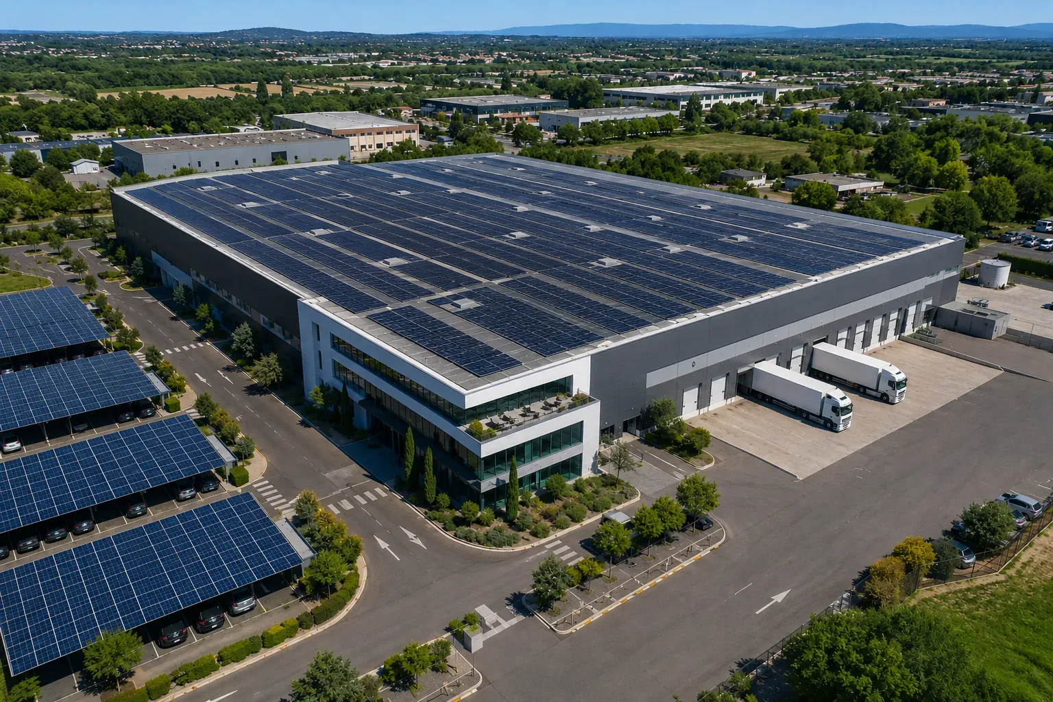 Toiture et parking d'entreprise équipés de panneaux solaires conformes à la loi APER