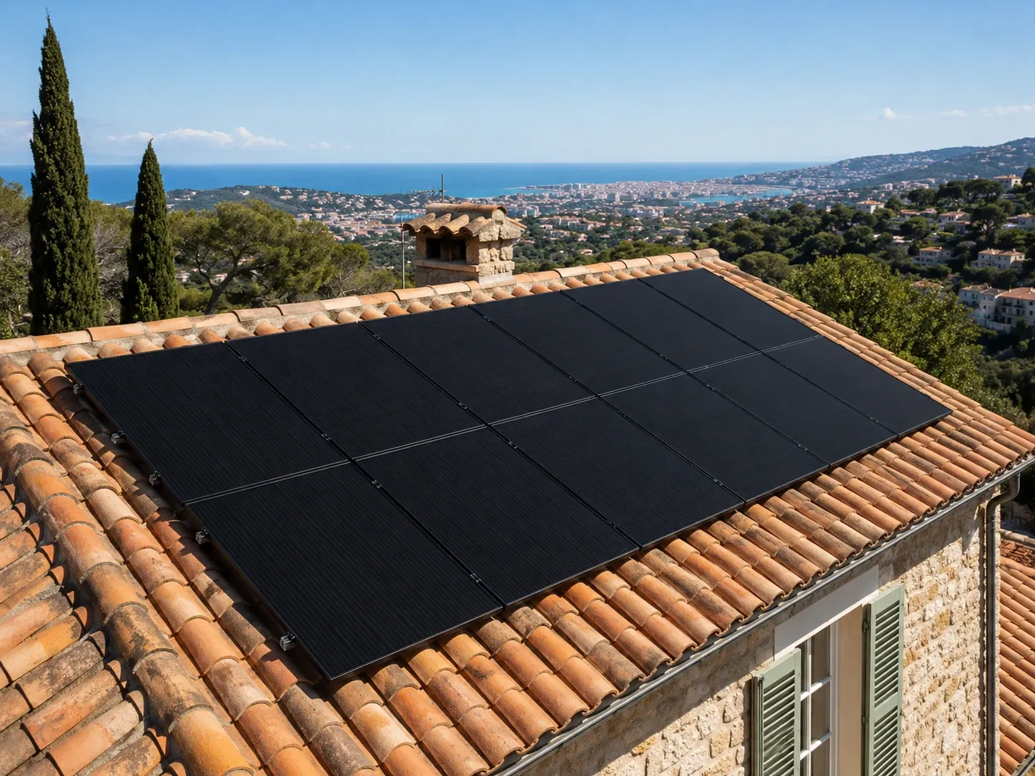 Toiture équipée de panneaux solaires sur villa des collines de Cimiez à Nice